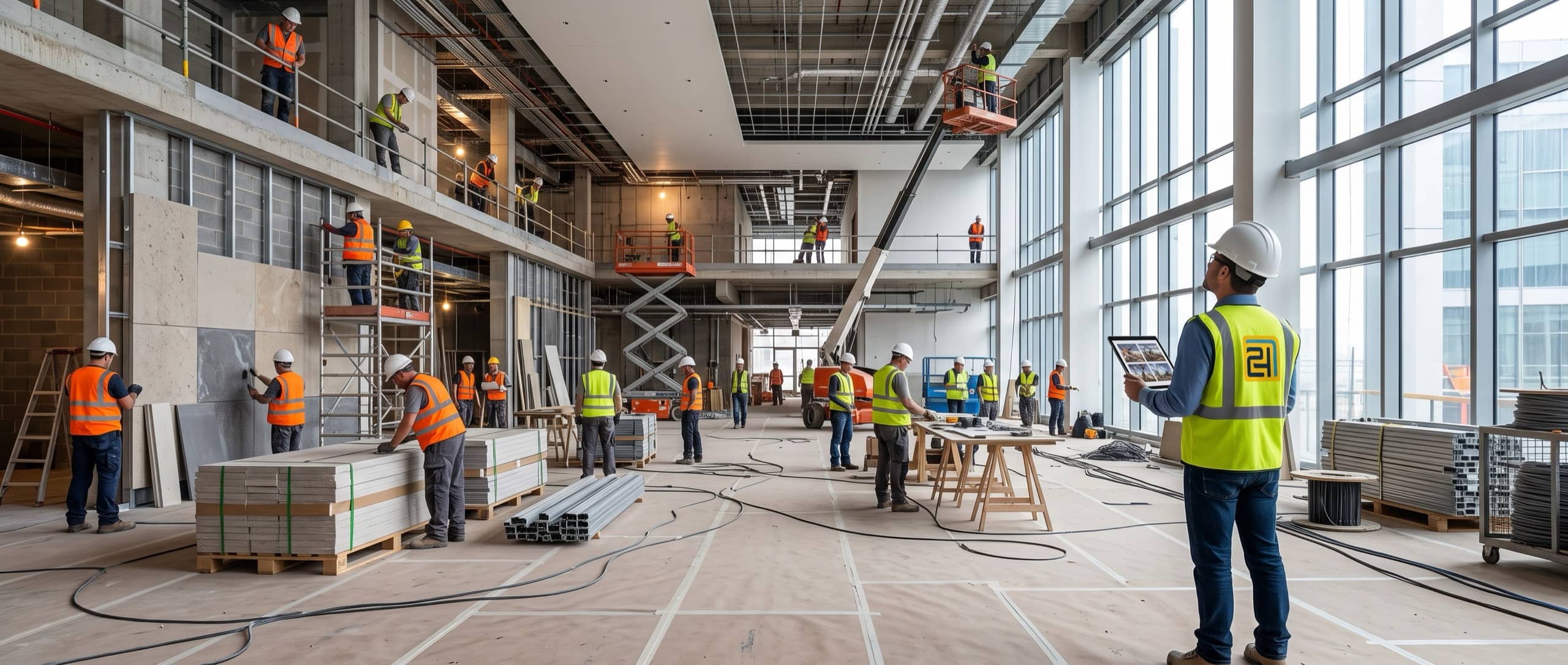 Seen from behind, a 724 Builder inspector in a hi-vis vest holds a tablet showing four progress photographs and looks up at overhead work, in a three-storey lobby under construction where more than twenty tradespeople work at every level.